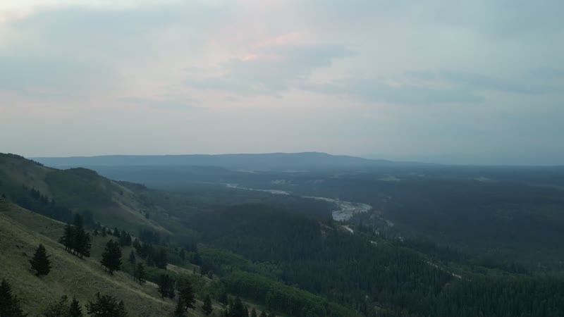 Dusk over a valley from a forested ridge, the last light on the far slope.